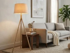 Stehlampe mit Holz Dreibein & E27 Leinen Lampenschirm Beige, Höhe 157cm