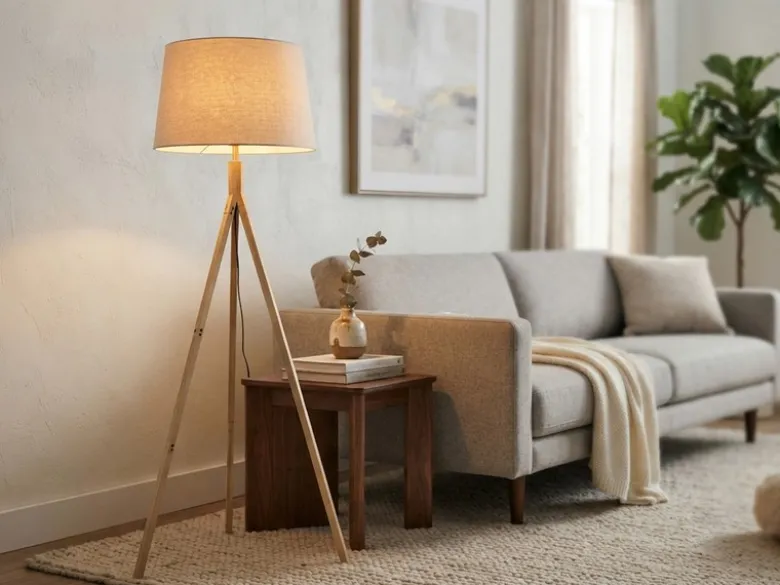 Stehlampe mit Holz Dreibein & E27 Leinen Lampenschirm Beige, Höhe 157cm