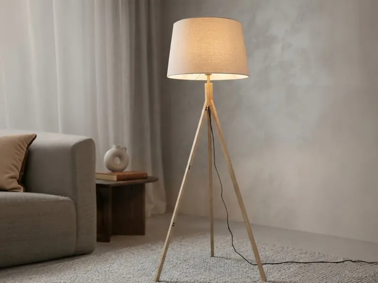 Stehlampe mit Holz Dreibein & E27 Leinen Lampenschirm Beige, Höhe 157cm