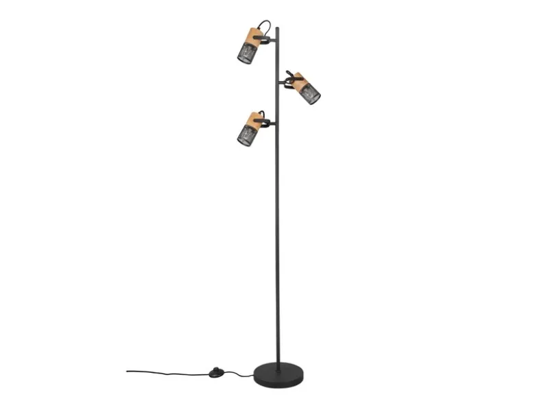 Stehlampe TOSH mit 3 Strahlern Gitter Schwarz & Holz, schwenkbar, Höhe 150cm