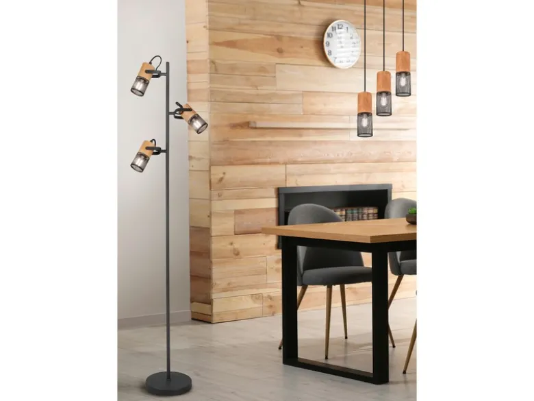 Stehlampe TOSH mit 3 Strahlern Gitter Schwarz & Holz, schwenkbar, Höhe 150cm