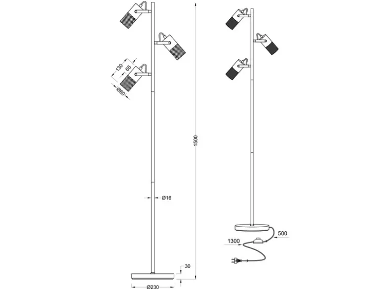 Stehlampe TOSH mit 3 Strahlern Gitter Schwarz & Holz, schwenkbar, Höhe 150cm