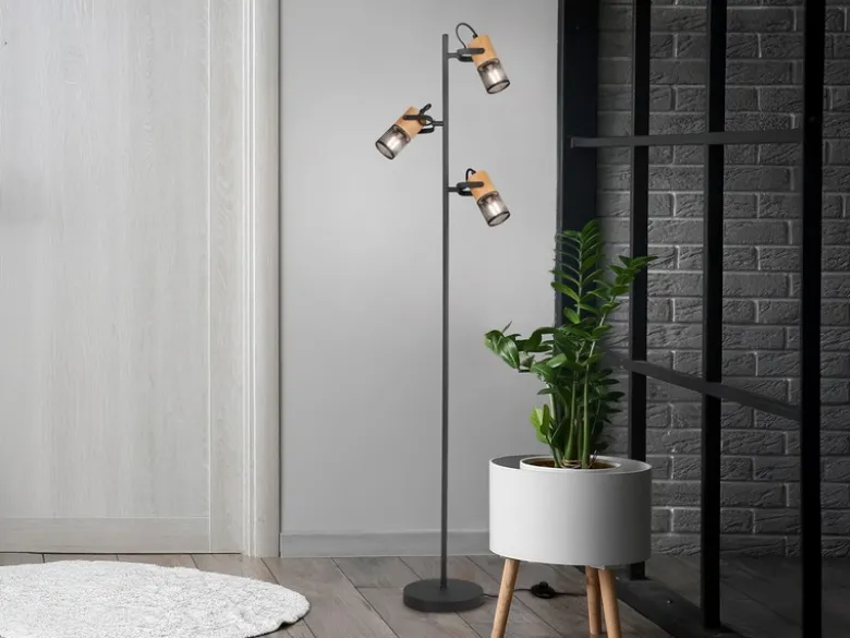 Stehlampe TOSH mit 3 Strahlern Gitter Schwarz & Holz, schwenkbar, Höhe 150cm