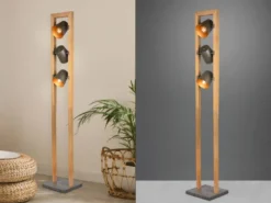 Stehleuchte BELL 3-flammig Silber antik mit Holz im Industrial Style, Höhe:150cm