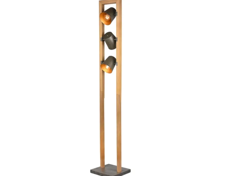 Stehleuchte BELL 3-flammig Silber antik mit Holz im Industrial Style, Höhe:150cm