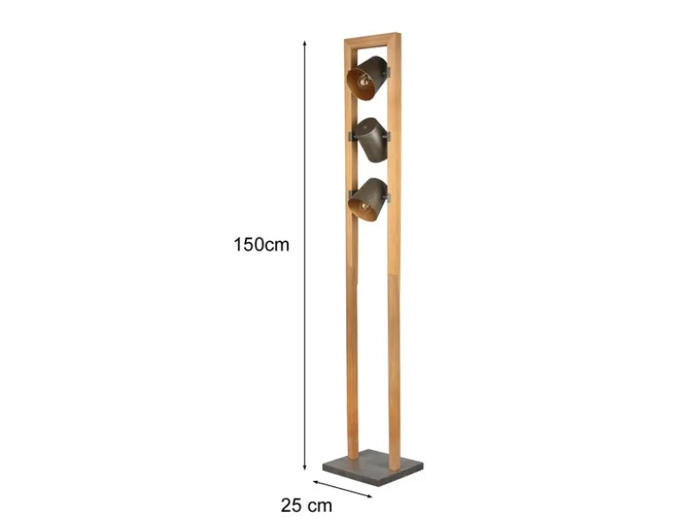 Stehleuchte BELL 3-flammig Silber antik mit Holz im Industrial Style, Höhe:150cm