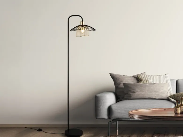 Stehleuchte LAURIS mit Gitter Lampenschirm Schwarz Gold, Höhe 155cm