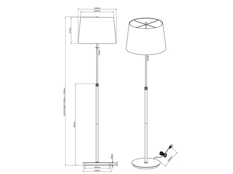 Stehleuchte LYON Messing mit Stoffschirm Weiß, Höhe 138-180cm verstellbar