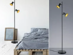 Stehleuchte NINA aus Metall Schwarz + Goldfarbig 2 Spots dreh+schwenkbar, 144cm
