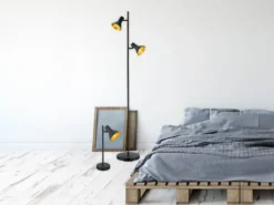Stehleuchte NINA aus Metall Schwarz + Goldfarbig 2 Spots dreh+schwenkbar, 144cm