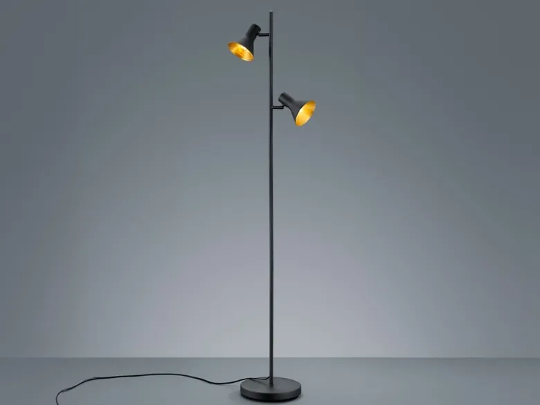 Stehleuchte NINA aus Metall Schwarz + Goldfarbig 2 Spots dreh+schwenkbar, 144cm