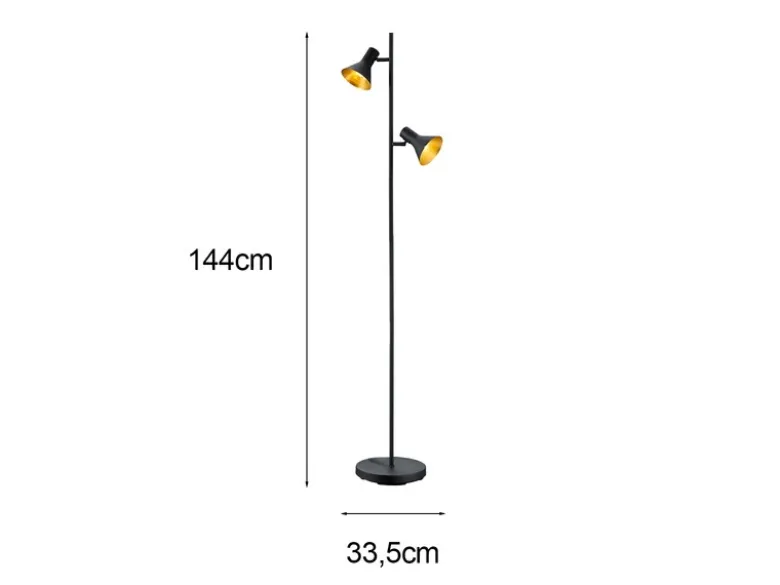 Stehleuchte NINA aus Metall Schwarz + Goldfarbig 2 Spots dreh+schwenkbar, 144cm