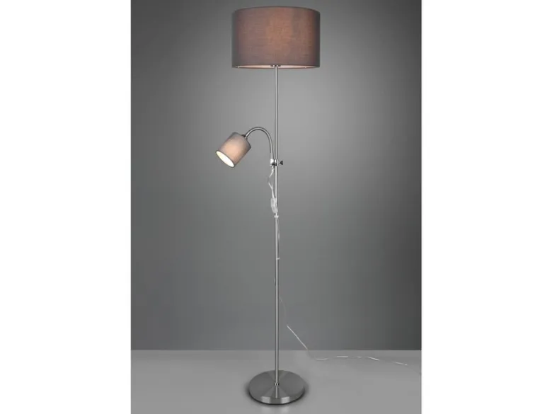 Stehleuchte OWEN Flexarm mit Leselicht Silber & Stoffschirm Grau, Höhe 160cm