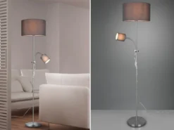 Stehleuchte OWEN Flexarm mit Leselicht Silber & Stoffschirm Grau, Höhe 160cm