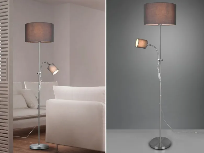 Stehleuchte OWEN Flexarm mit Leselicht Silber & Stoffschirm Grau, Höhe 160cm