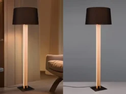 Stehleuchte RAHUL mit beleuchtetem Holzkorpus und Stoffschirm, H: 150cm