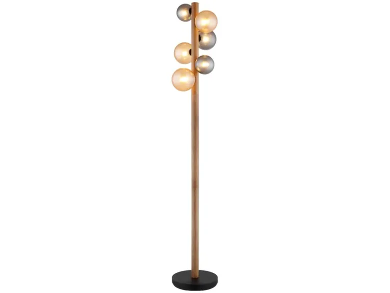 Stehleuchte RIHA aus Holz 6-flammig Glaskugeln Rauchglas & Bernstein, H: 150cm