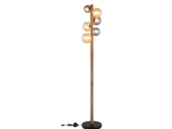 Stehleuchte RIHA aus Holz 6-flammig Glaskugeln Rauchglas & Bernstein, H: 150cm