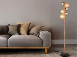 Stehleuchte RIHA aus Holz 6-flammig Glaskugeln Rauchglas & Bernstein, H: 150cm