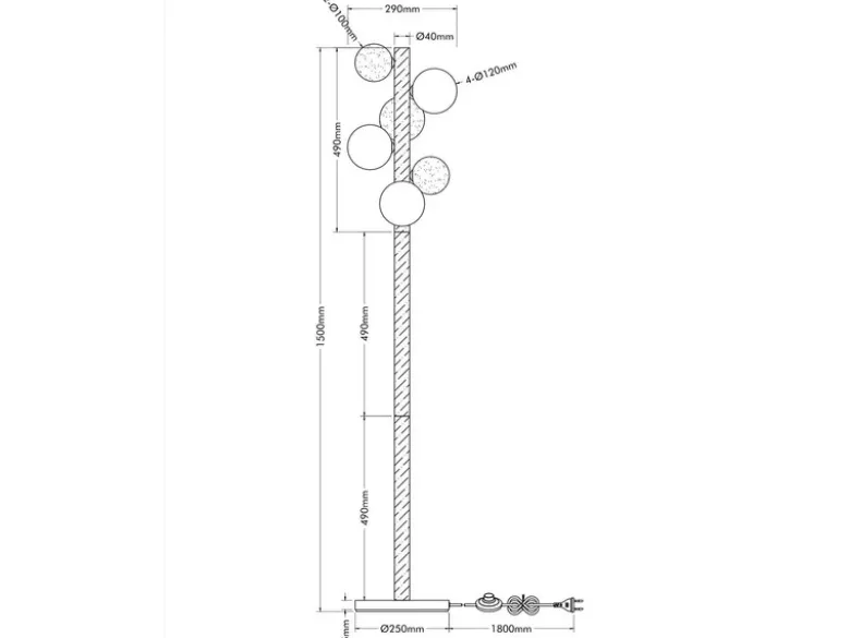 Stehleuchte RIHA aus Holz 6-flammig Glaskugeln Rauchglas & Bernstein, H: 150cm