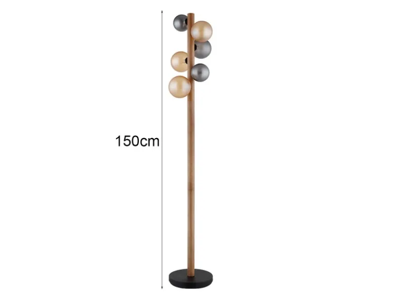 Stehleuchte RIHA aus Holz 6-flammig Glaskugeln Rauchglas & Bernstein, H: 150cm