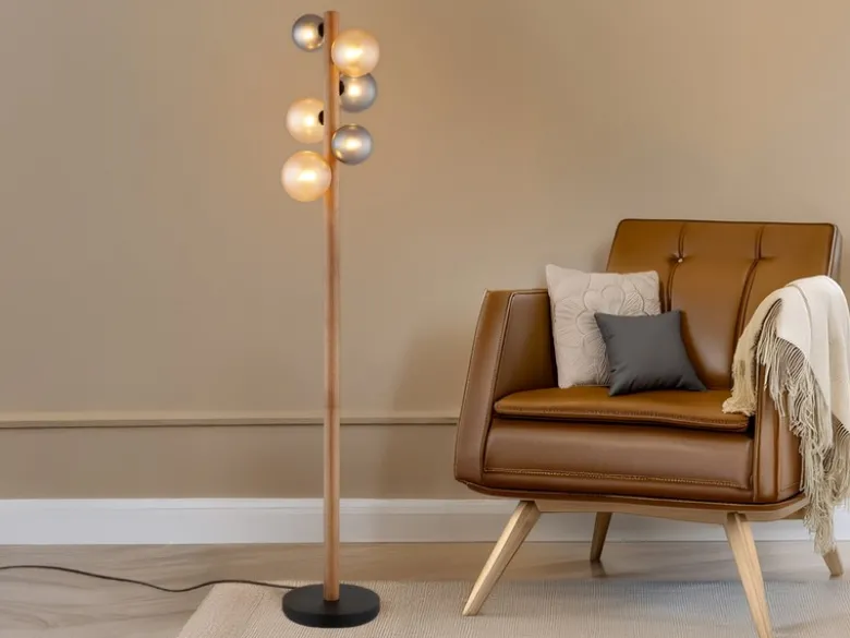 Stehleuchte RIHA aus Holz 6-flammig Glaskugeln Rauchglas & Bernstein, H: 150cm