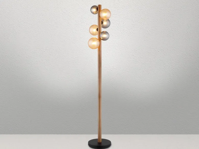 Stehleuchte RIHA aus Holz 6-flammig Glaskugeln Rauchglas & Bernstein, H: 150cm