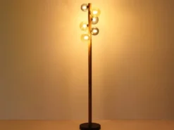 Stehleuchte RIHA aus Holz 6-flammig Glaskugeln Rauchglas & Bernstein, H: 150cm