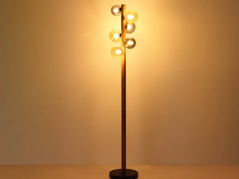 Stehleuchte RIHA aus Holz 6-flammig Glaskugeln Rauchglas & Bernstein, H: 150cm