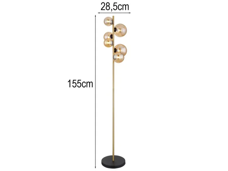Stehleuchte RIHA Messing-Schwarz 6-flammig mit Glaskugeln Bernstein, Höhe 155cm