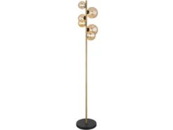 Stehleuchte RIHA Messing-Schwarz 6-flammig mit Glaskugeln Bernstein, Höhe 155cm