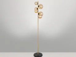 Stehleuchte RIHA Messing-Schwarz 6-flammig mit Glaskugeln Bernstein, Höhe 155cm