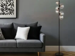 Stehleuchte RIHA Schwarz 6-flammig mit Glaskugeln Rauchglas, Höhe 155cm