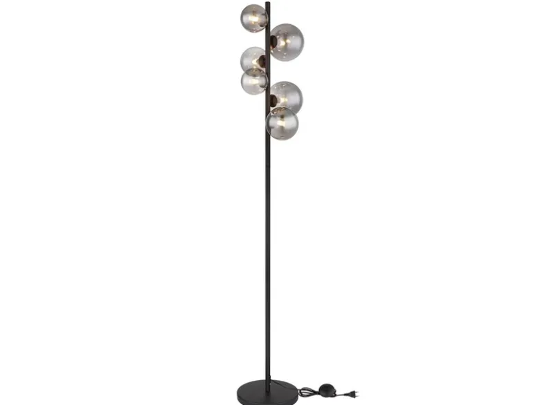 Stehleuchte RIHA Schwarz 6-flammig mit Glaskugeln Rauchglas, Höhe 155cm