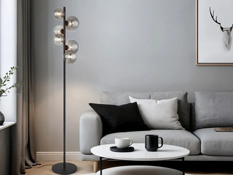 Stehleuchte RIHA Schwarz 6-flammig mit Glaskugeln Rauchglas, Höhe 155cm