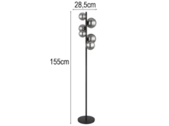 Stehleuchte RIHA Schwarz 6-flammig mit Glaskugeln Rauchglas, Höhe 155cm