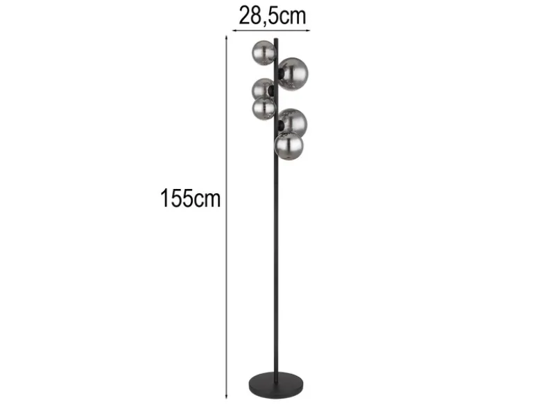 Stehleuchte RIHA Schwarz 6-flammig mit Glaskugeln Rauchglas, Höhe 155cm