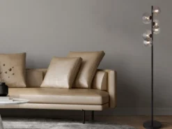 Stehleuchte RIHA Schwarz 6-flammig mit Glaskugeln Rauchglas, Höhe 155cm
