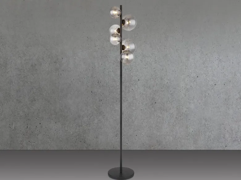 Stehleuchte RIHA Schwarz 6-flammig mit Glaskugeln Rauchglas, Höhe 155cm
