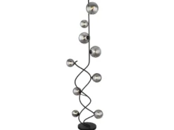 Stehleuchte RIHA Schwarz 9-flammig mit Glaskugeln Rauchglas, Höhe 162cm