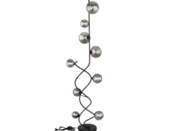 Stehleuchte RIHA Schwarz 9-flammig mit Glaskugeln Rauchglas, Höhe 162cm