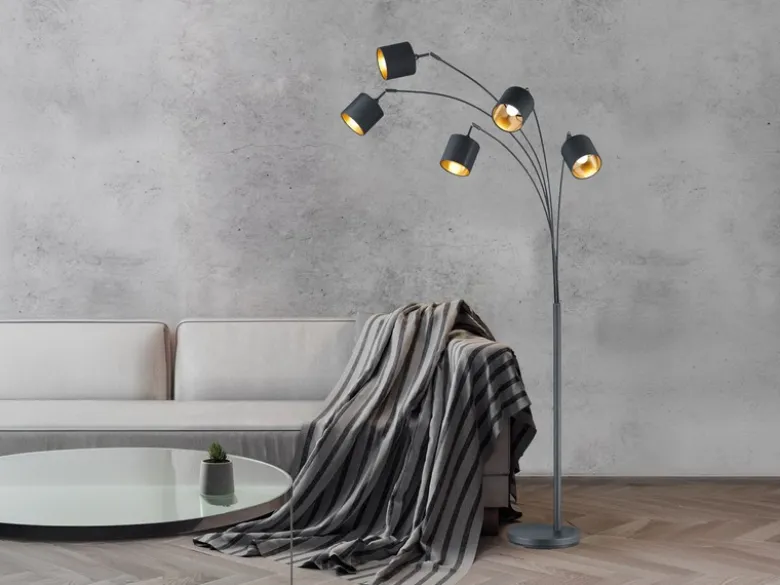 Stehleuchte TOMMY 5 flammig Metall Stoffschirm Schwarz Gold, Höhe 200cm