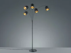 Stehleuchte TOMMY 5 flammig Metall Stoffschirm Schwarz Gold, Höhe 200cm