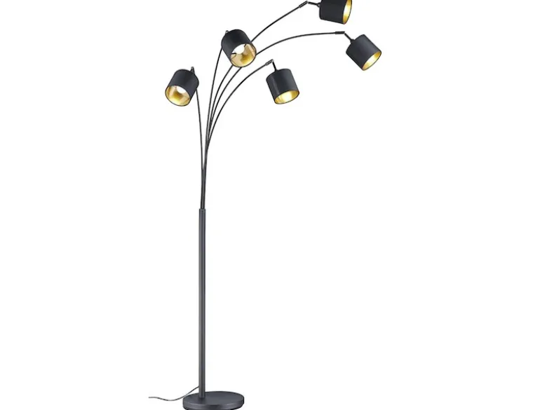 Stehleuchte TOMMY 5 flammig Metall Stoffschirm Schwarz Gold, Höhe 200cm