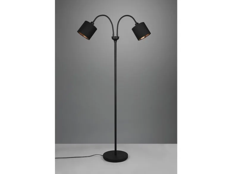 Stehleuchte TOMMY 2 flammig Metall, Stoffschirm Schwarz Gold, Höhe 130cm