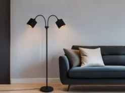 Stehleuchte TOMMY 2 flammig Metall, Stoffschirm Schwarz Gold, Höhe 130cm