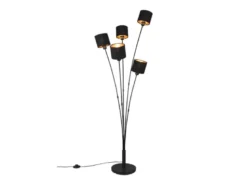 Stehleuchte TOMMY 5 flammig Metall, Stoffschirm Schwarz Gold, Höhe 163cm
