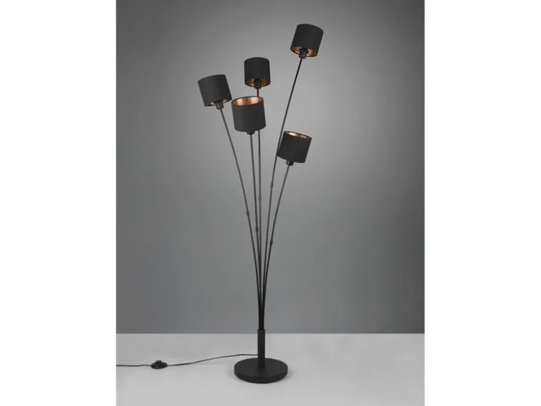 Stehleuchte TOMMY 5 flammig Metall, Stoffschirm Schwarz Gold, Höhe 163cm