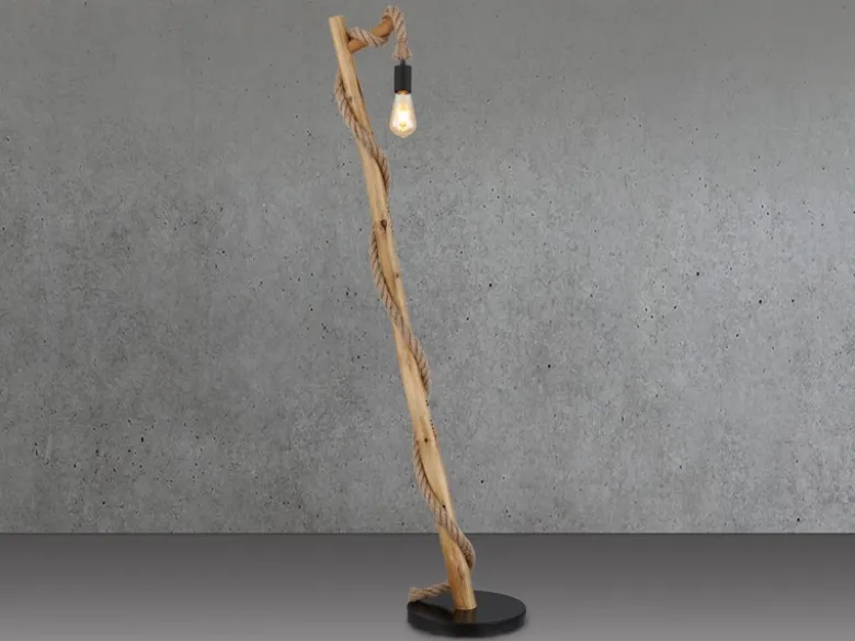 Stehleuchte ULLEU mit Hanfseil und Holzstab, Höhe 150cm
