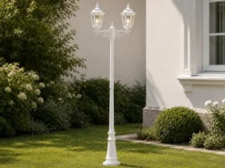 Straßenlaterne 2-flammig Aluminium Weiß, antike E27 Mastleuchte, Höhe 220cm